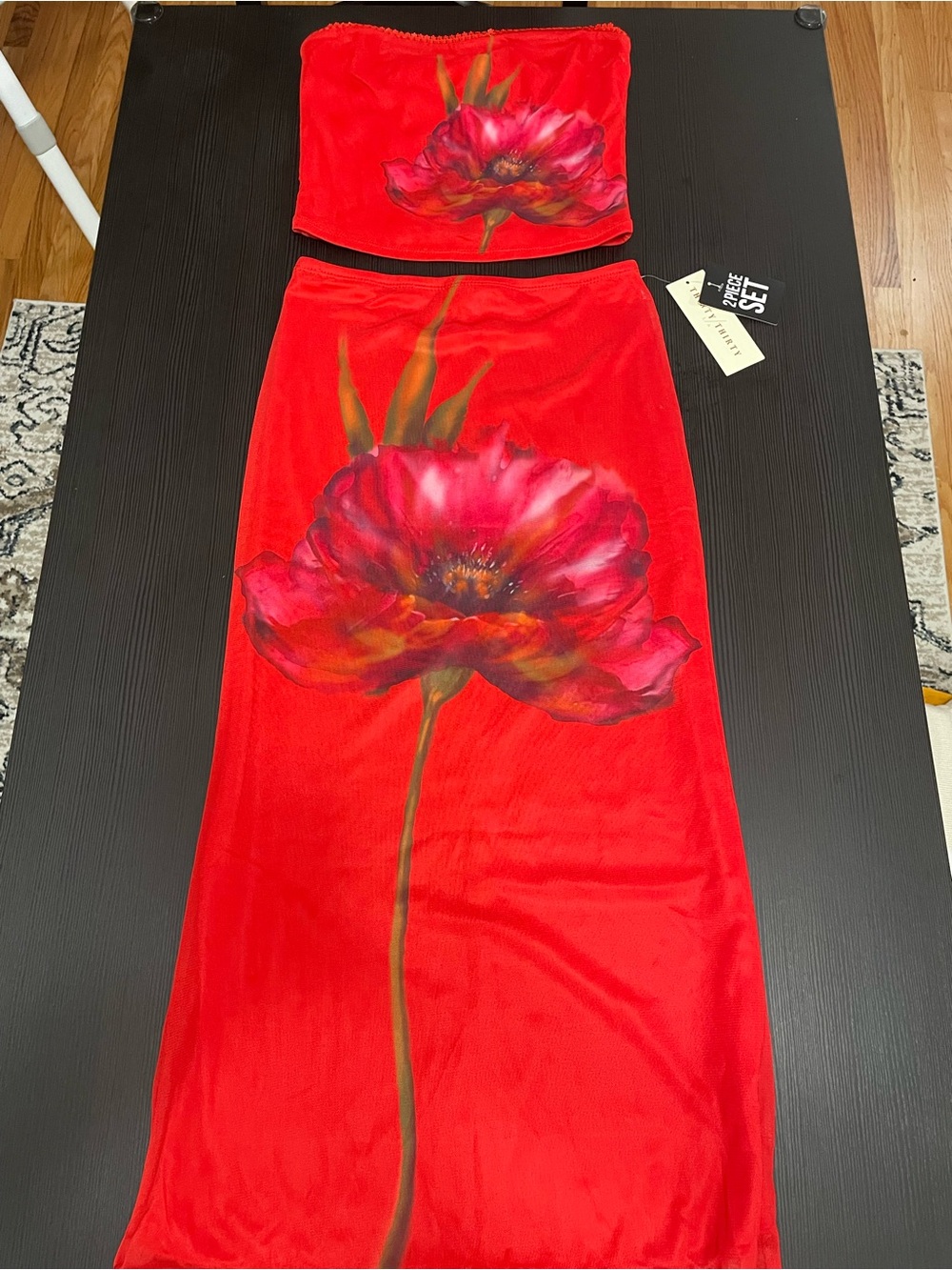 NWT THIRTY THIRTY Women's 2-Piece Strapless Top & Long Skirt Floral Mesh XS